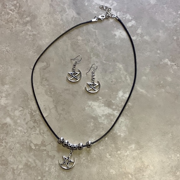 🍒 2PC PENTACLE STAR NECKLACE PENDANT EARRINGS SET WITCH BUNDLE BEADS LEATHER - Picture 11 of 12